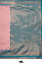 Pink zari textured litchi silk saree with contrast zari border and floral motifs blouse
