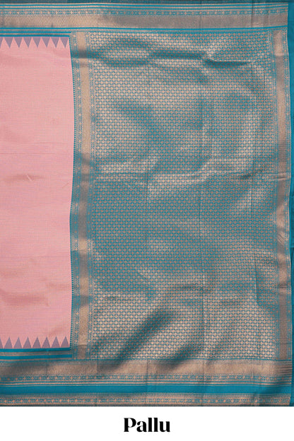 Pink zari textured litchi silk saree with contrast zari border and floral motifs blouse