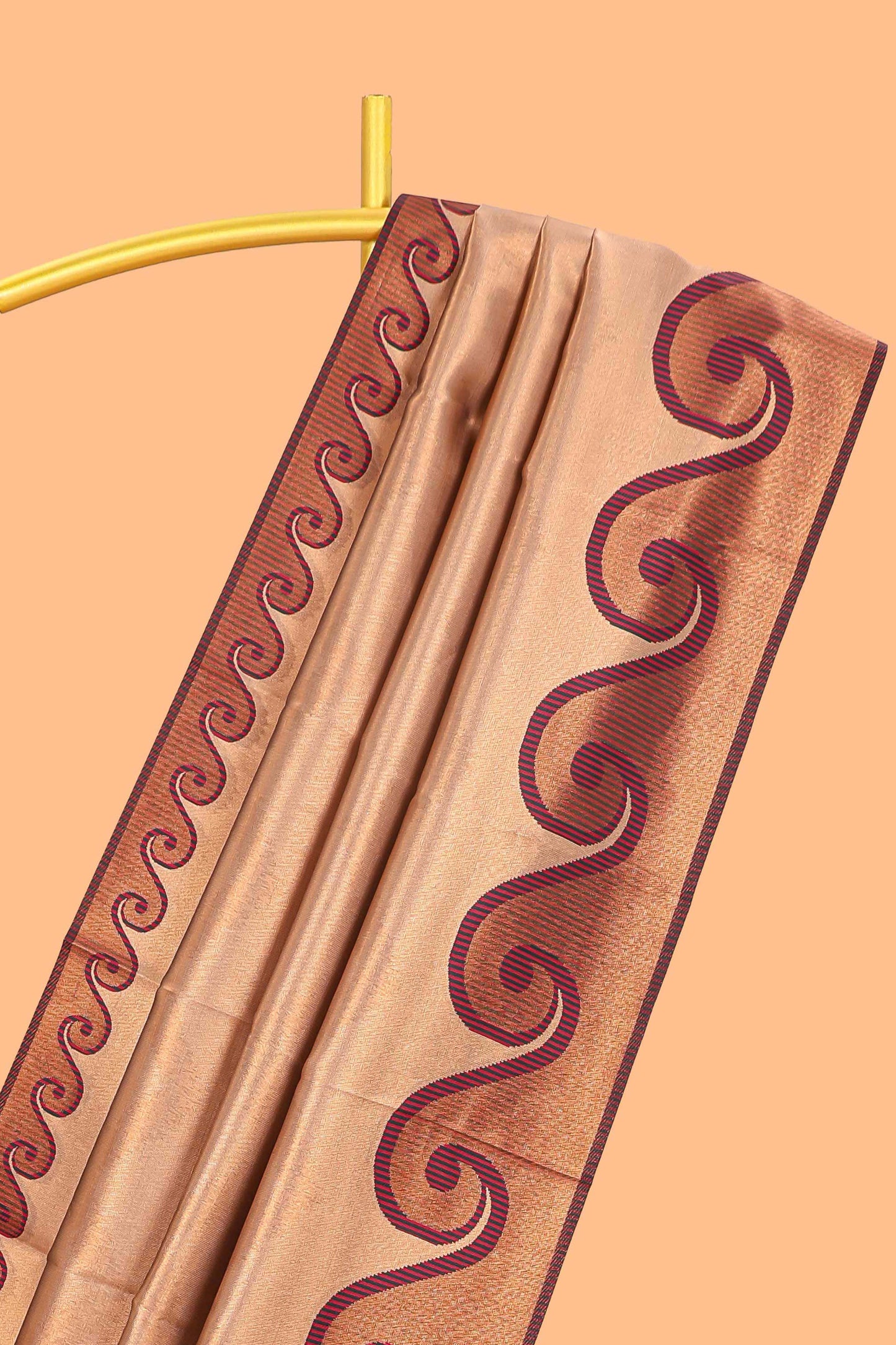 Beige chevron zari design litchi silk saree with contrast swirl shape zari border and blouse