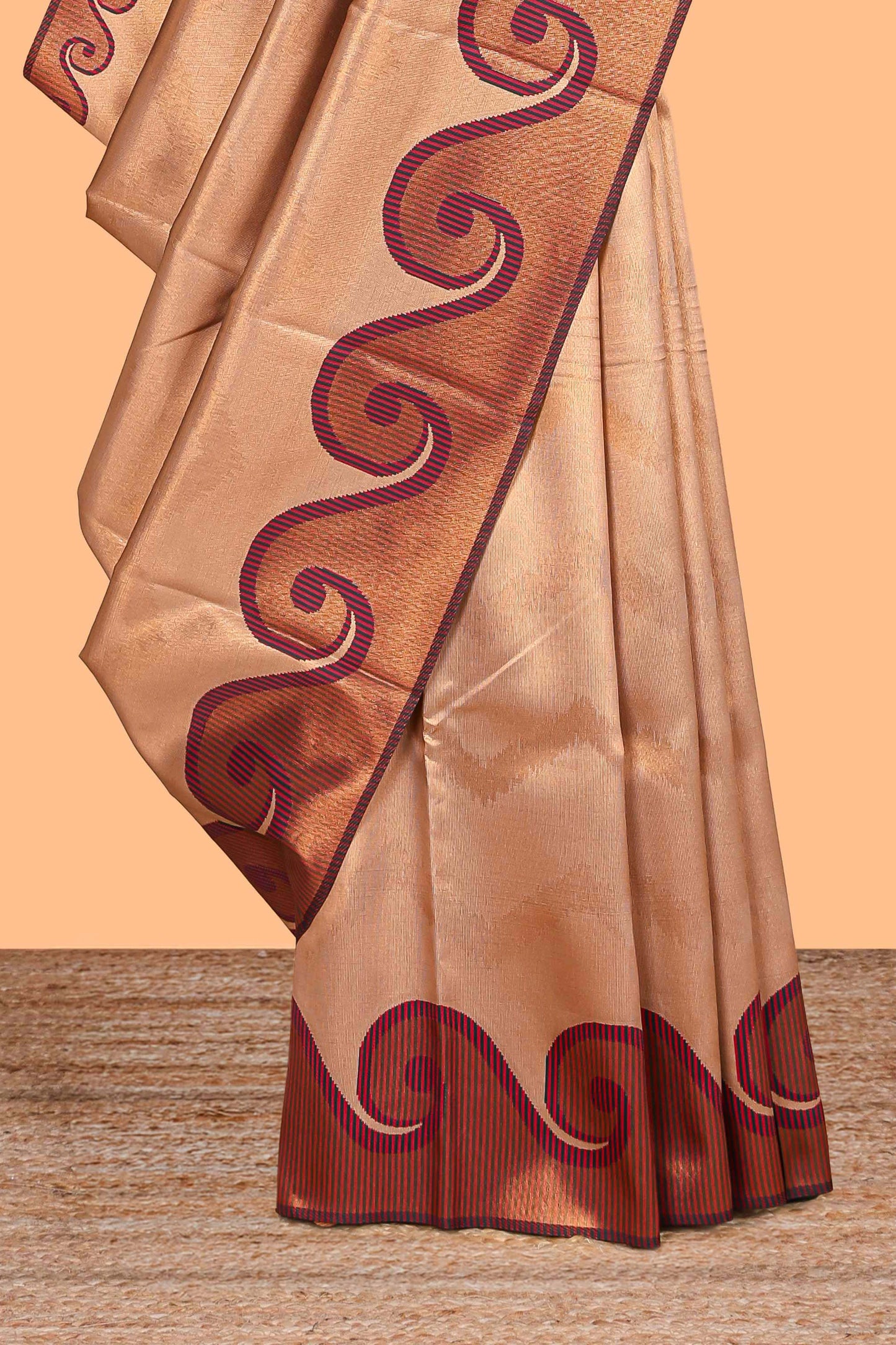 Beige chevron zari design litchi silk saree with contrast swirl shape zari border and blouse