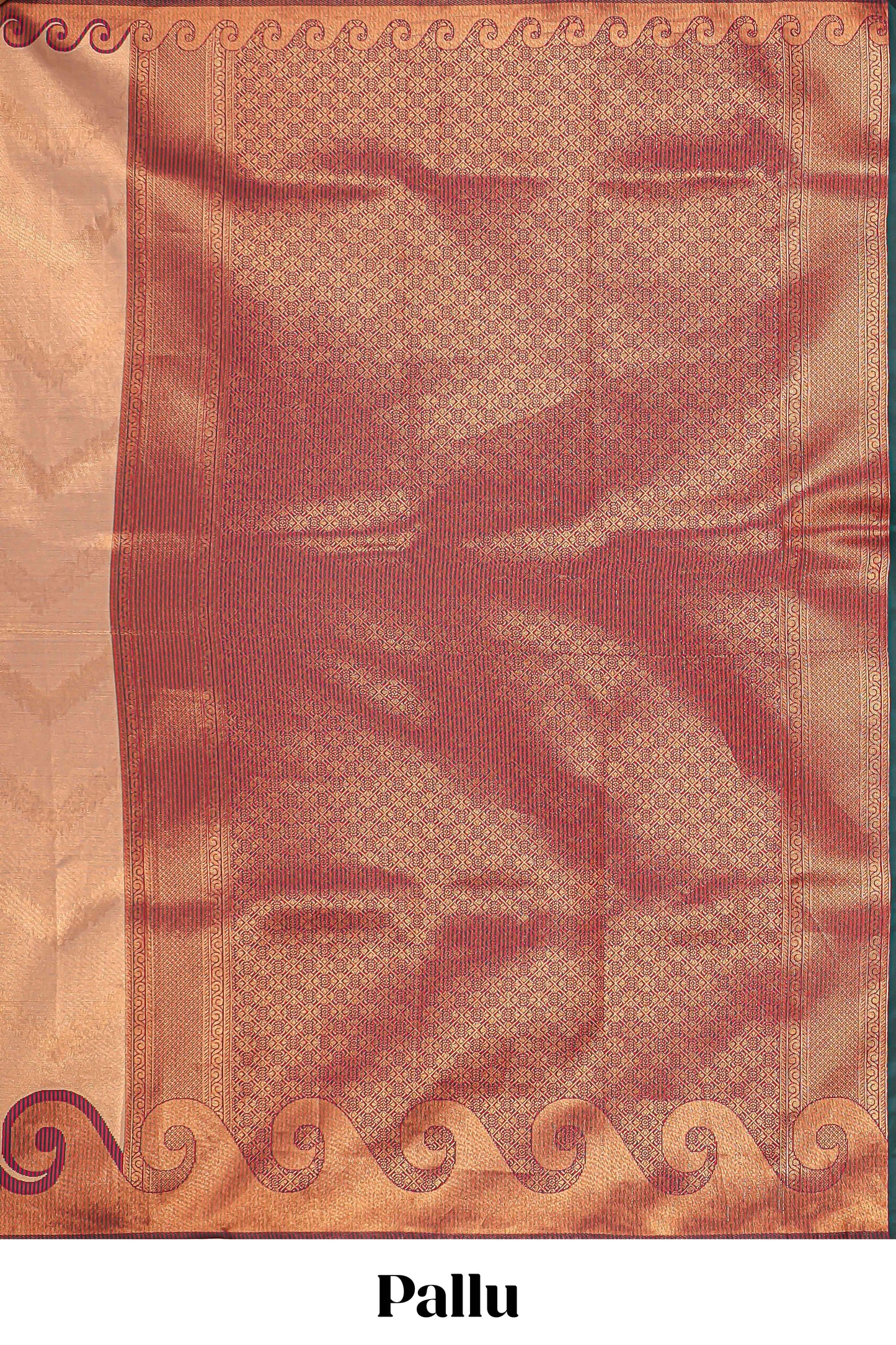 Beige chevron zari design litchi silk saree with contrast swirl shape zari border and blouse