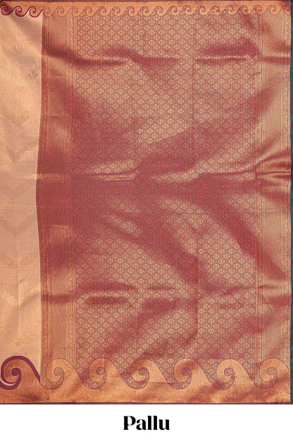 Beige chevron zari design litchi silk saree with contrast swirl shape zari border and blouse