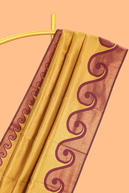 Yellow chevron zari design litchi silk saree with contrast swirl shape zari border and blouse