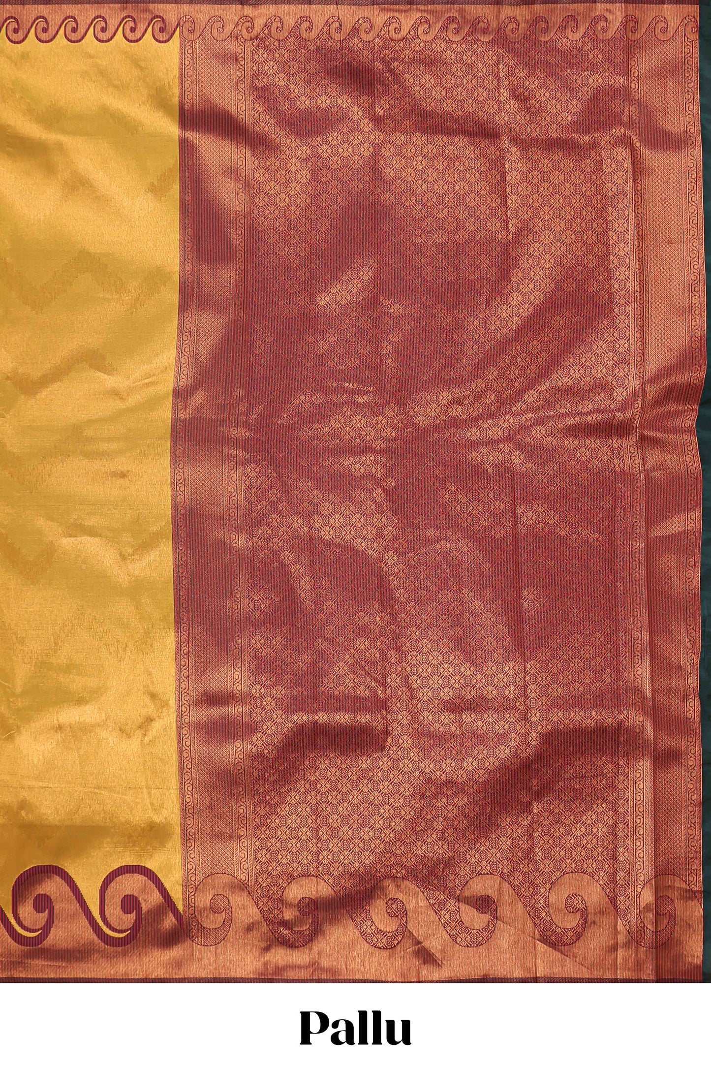 Yellow chevron zari design litchi silk saree with contrast swirl shape zari border and blouse