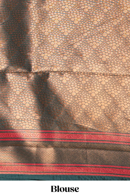 Yellow chevron zari design litchi silk saree with contrast swirl shape zari border and blouse