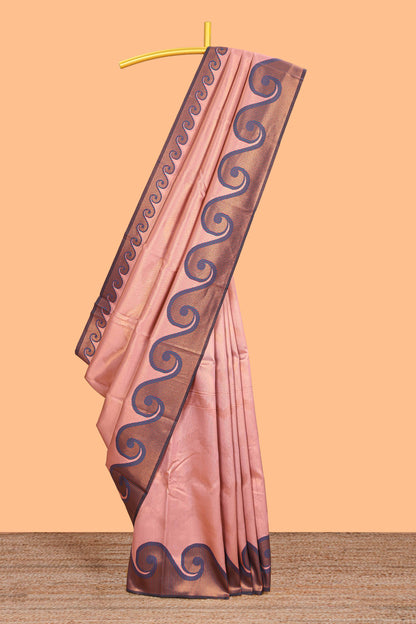 Pink chevron zari design litchi silk saree with contrast swirl shape zari border and blouse