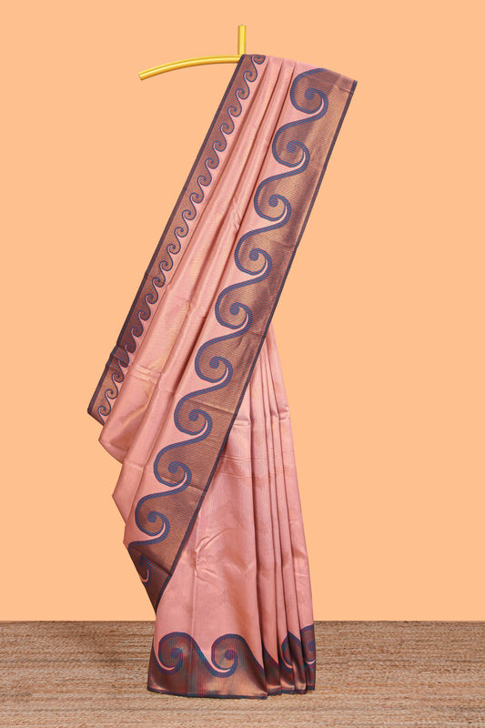 Pink chevron zari design litchi silk saree with contrast swirl shape zari border and blouse