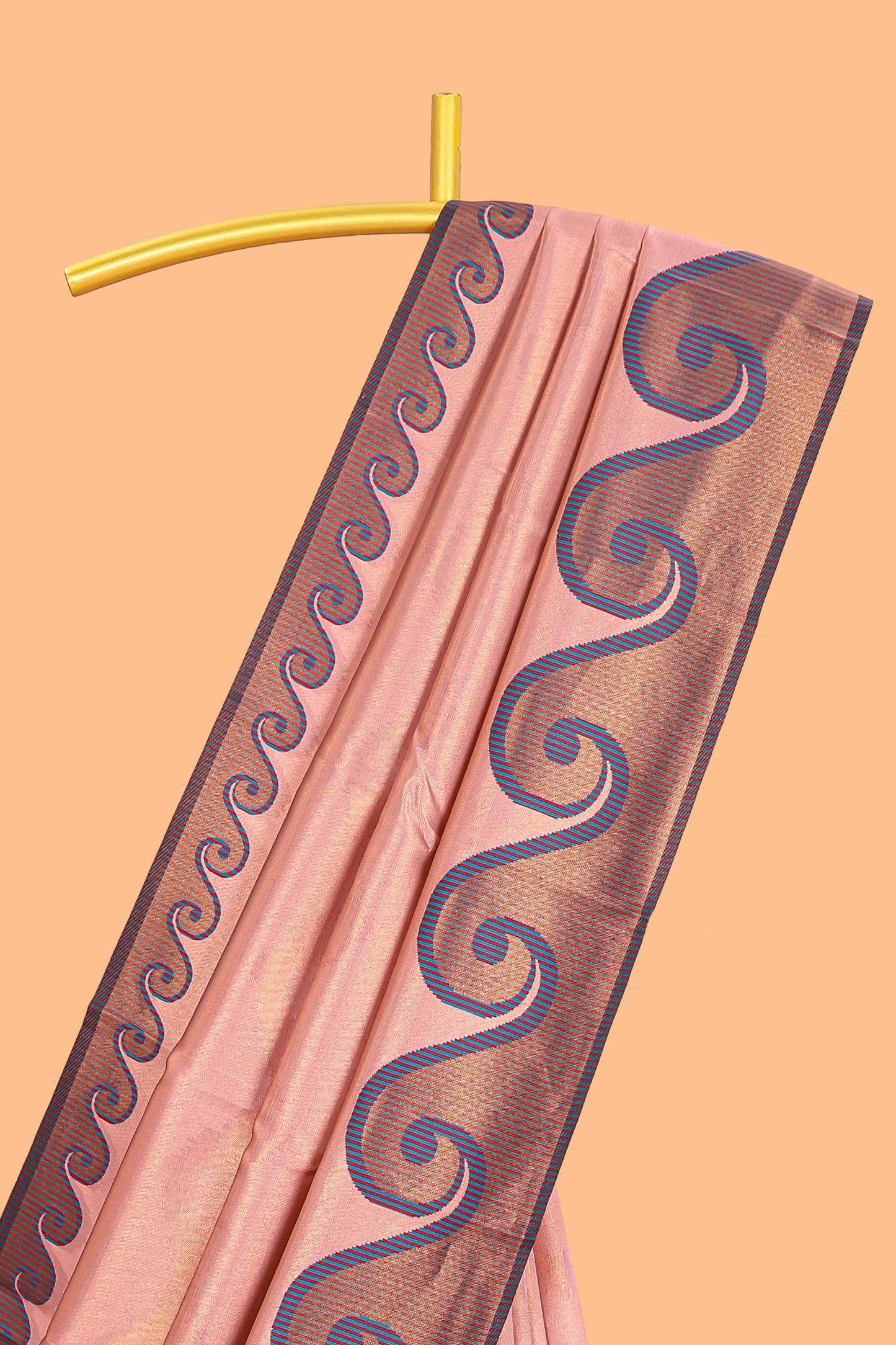 Pink chevron zari design litchi silk saree with contrast swirl shape zari border and blouse