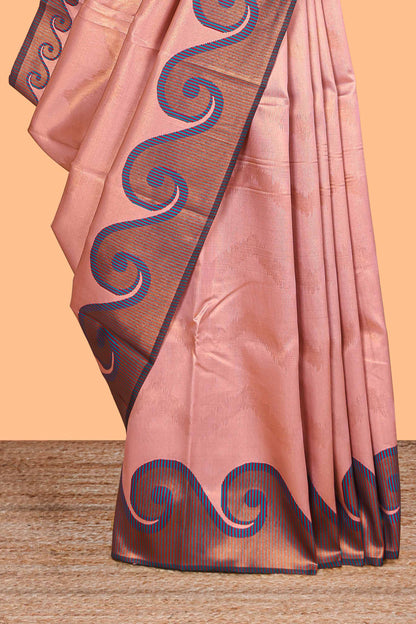 Pink chevron zari design litchi silk saree with contrast swirl shape zari border and blouse