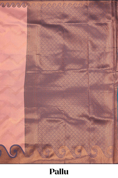 Pink chevron zari design litchi silk saree with contrast swirl shape zari border and blouse