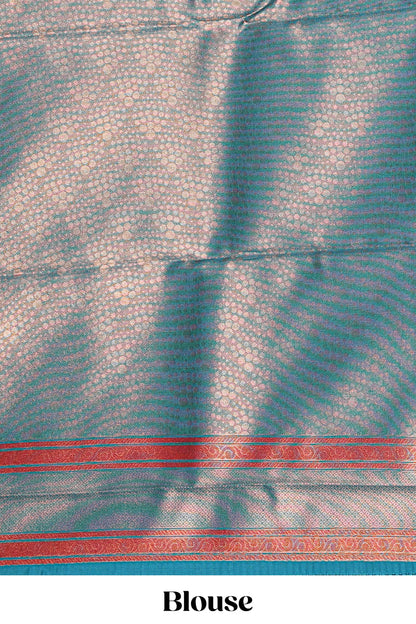 Pink chevron zari design litchi silk saree with contrast swirl shape zari border and blouse