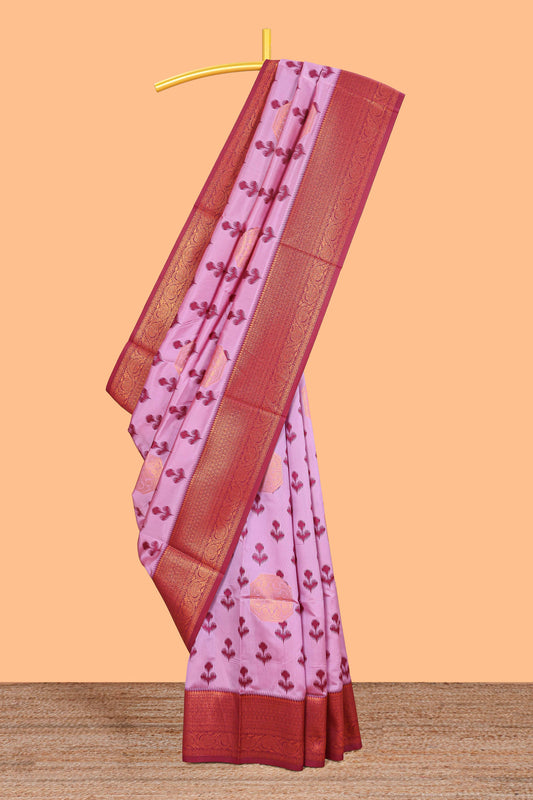 Lavender floral design zari motifs litchi silk saree with contrast zari border and blouse