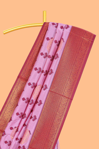 Lavender floral design zari motifs litchi silk saree with contrast zari border and blouse