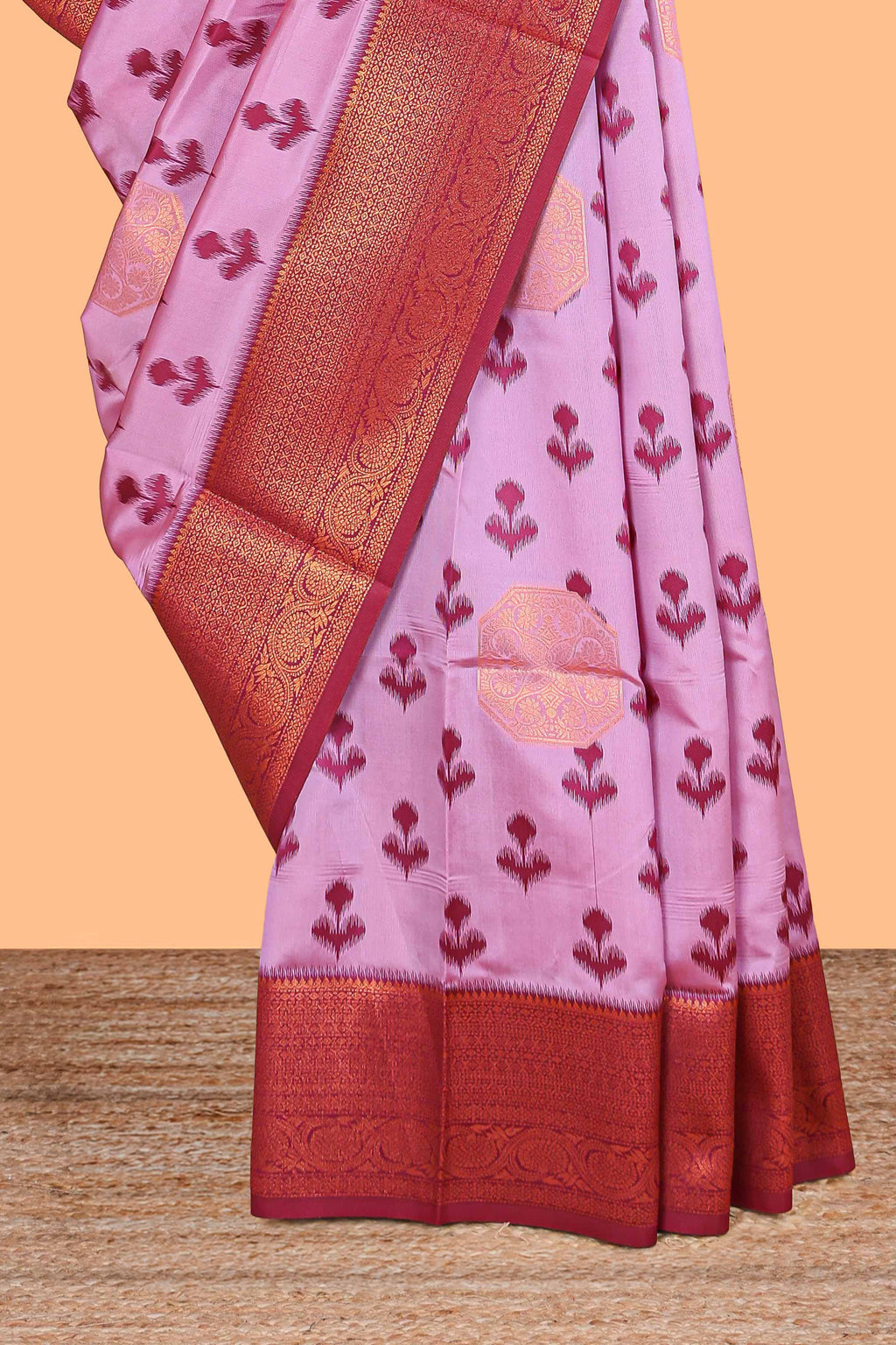 Lavender floral design zari motifs litchi silk saree with contrast zari border and blouse