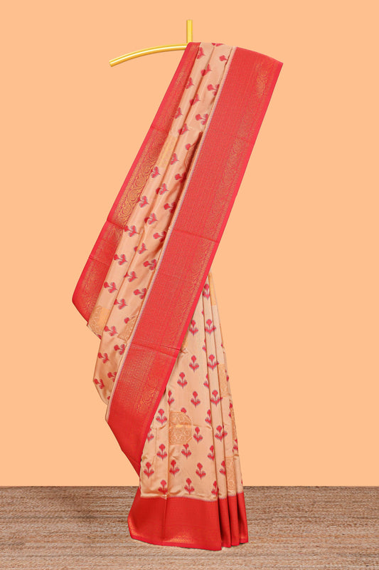 Sandal floral design zari motifs litchi silk saree with contrast zari border and blouse