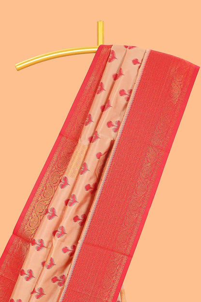 Sandal floral design zari motifs litchi silk saree with contrast zari border and blouse