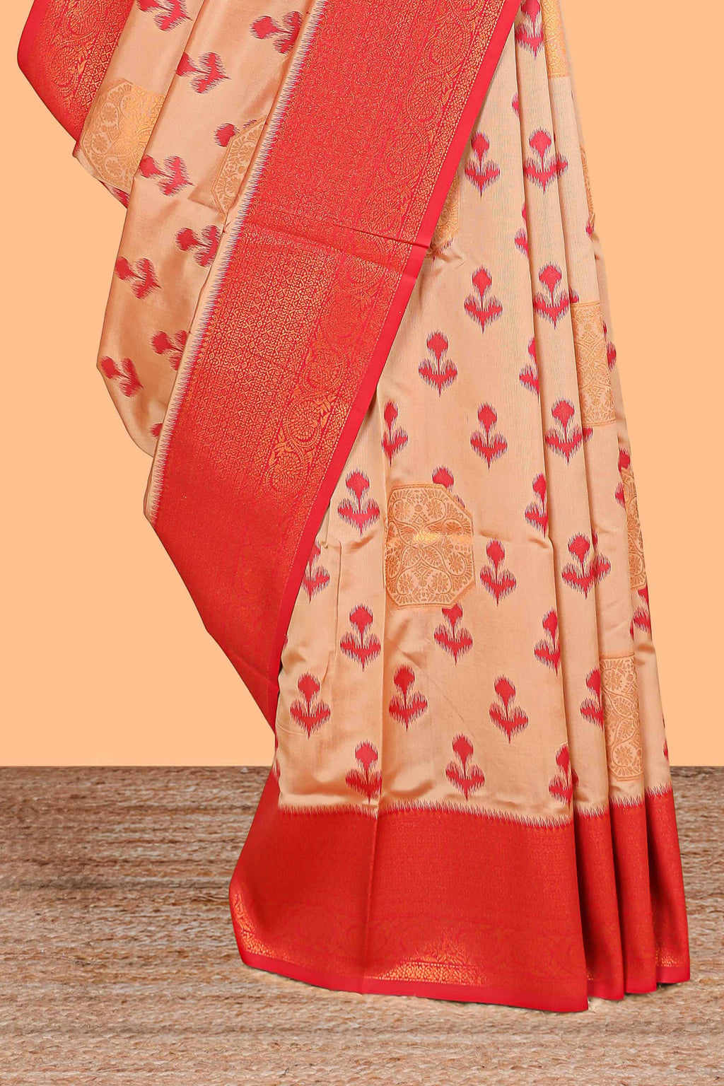 Sandal floral design zari motifs litchi silk saree with contrast zari border and blouse