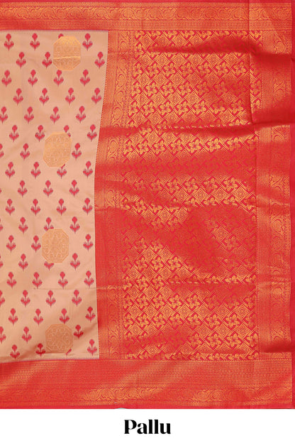 Sandal floral design zari motifs litchi silk saree with contrast zari border and blouse