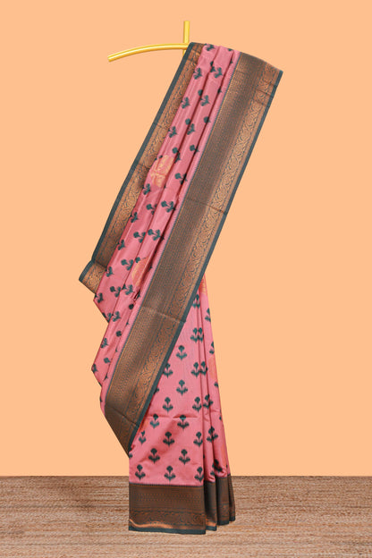 Pink floral design zari motifs litchi silk saree with contrast zari border and blouse