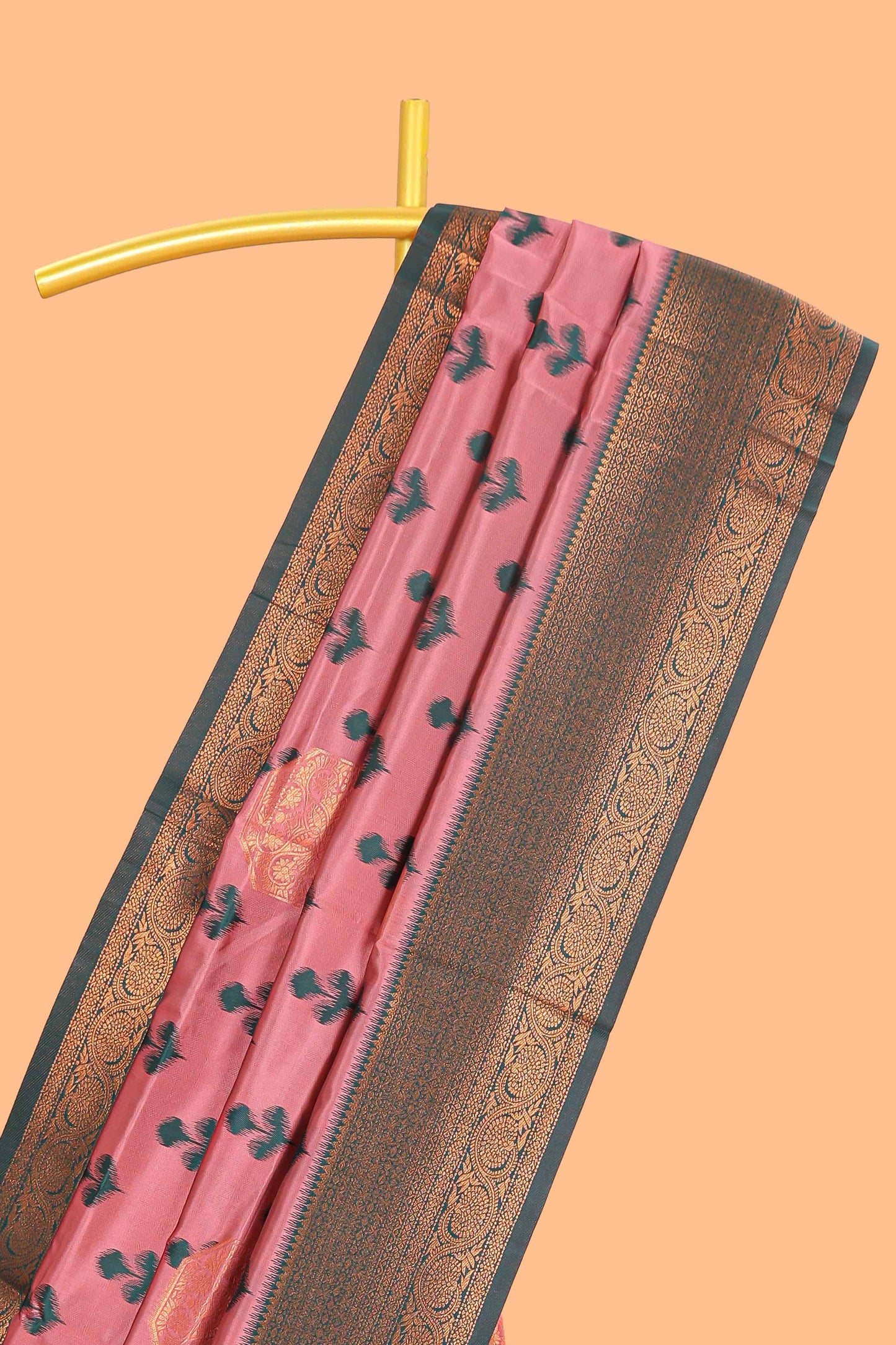 Pink floral design zari motifs litchi silk saree with contrast zari border and blouse