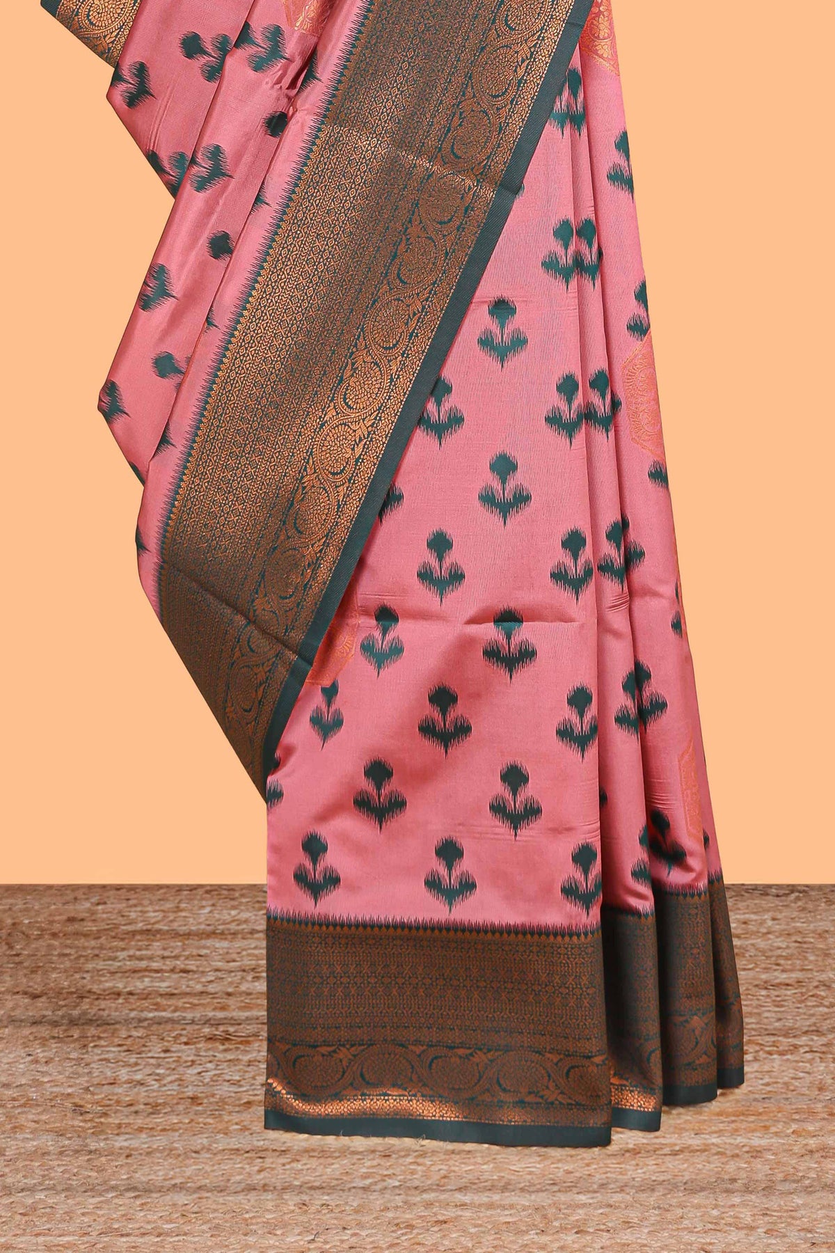Pink floral design zari motifs litchi silk saree with contrast zari border and blouse