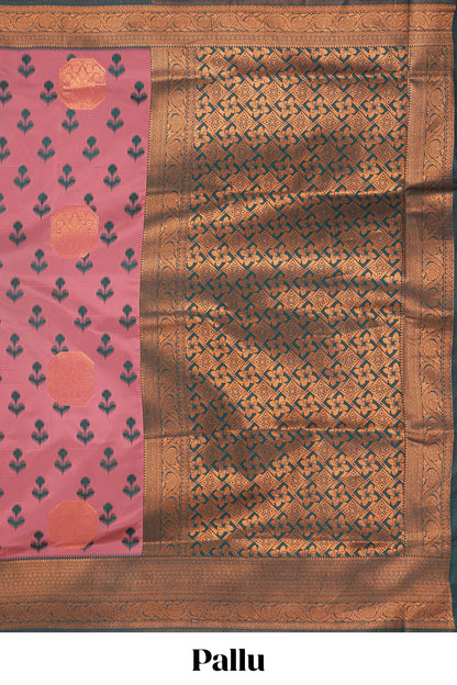 Pink floral design zari motifs litchi silk saree with contrast zari border and blouse