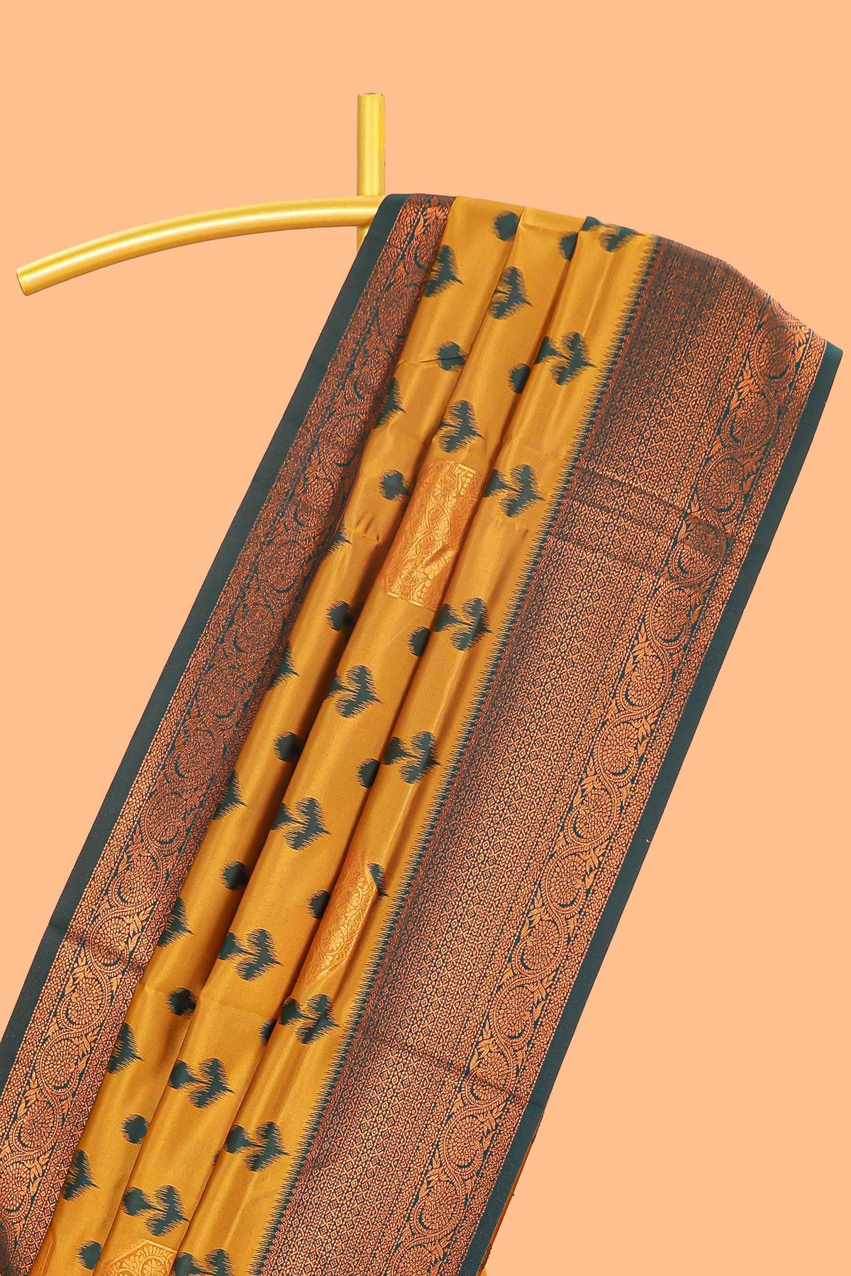 Mustard floral design zari motifs litchi silk saree with contrast zari border and blouse