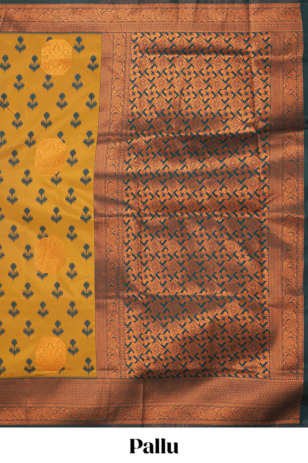 Mustard floral design zari motifs litchi silk saree with contrast zari border and blouse