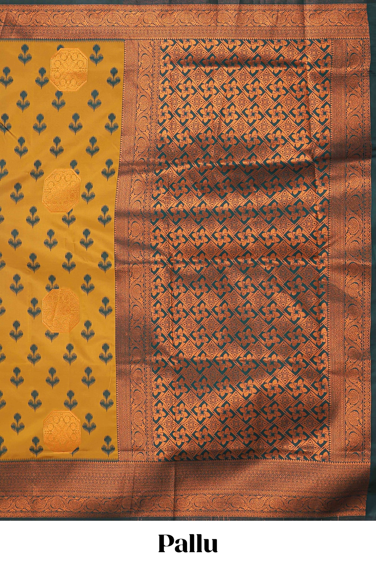 Mustard floral design zari motifs litchi silk saree with contrast zari border and blouse