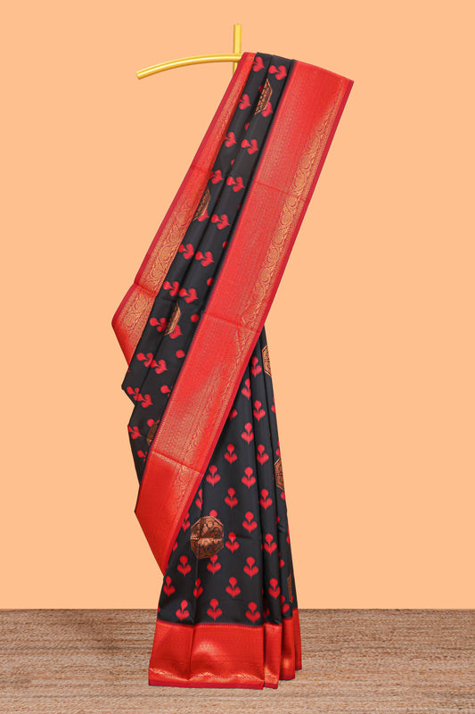 Black floral design zari motifs litchi silk saree with contrast zari border and blouse