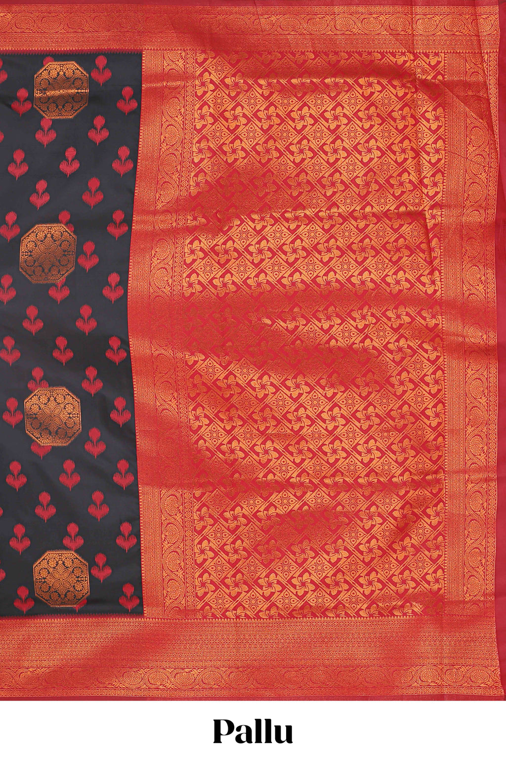 Black floral design zari motifs litchi silk saree with contrast zari border and blouse