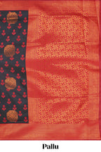 Black floral design zari motifs litchi silk saree with contrast zari border and blouse