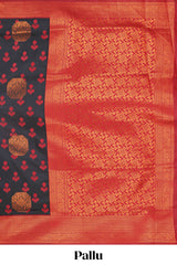 Black floral design zari motifs litchi silk saree with contrast zari border and blouse
