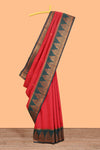 Red zari butta litchi silk saree with contrast zari border and blouse