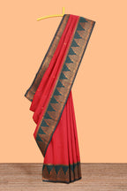 Red zari butta litchi silk saree with contrast zari border and blouse