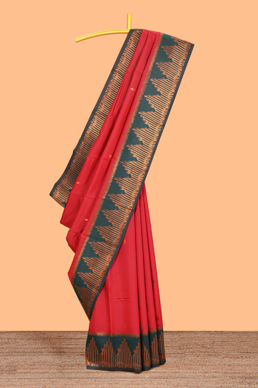 Red zari butta litchi silk saree with contrast zari border and blouse