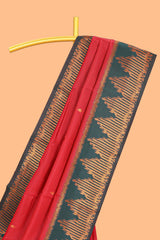 Red zari butta litchi silk saree with contrast zari border and blouse