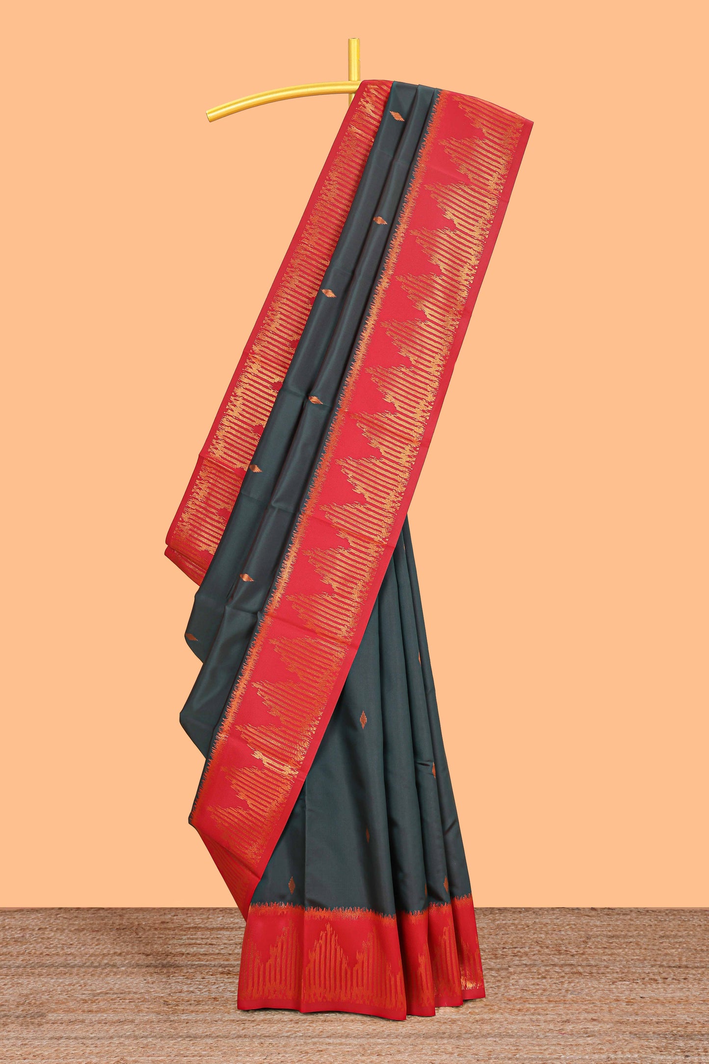 Pine green zari butta litchi silk saree with contrast zari border and blouse