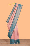Pink small zari checked design litchi silk saree with contrast zari border and blouse