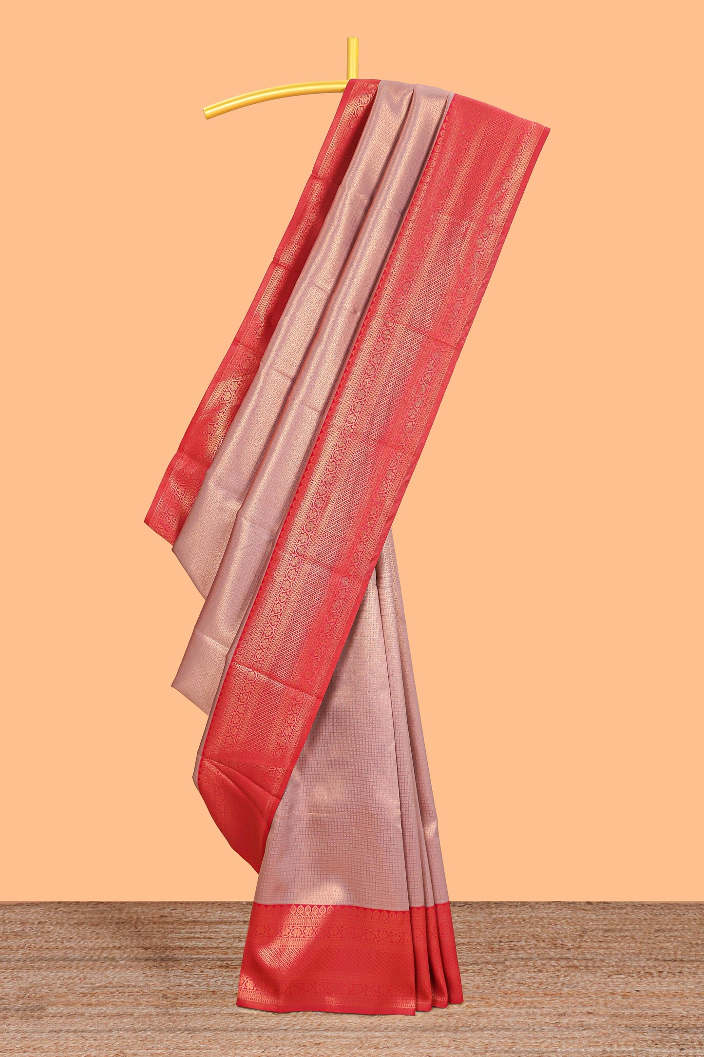 Peach small zari checked design litchi silk saree with contrast zari border and blouse