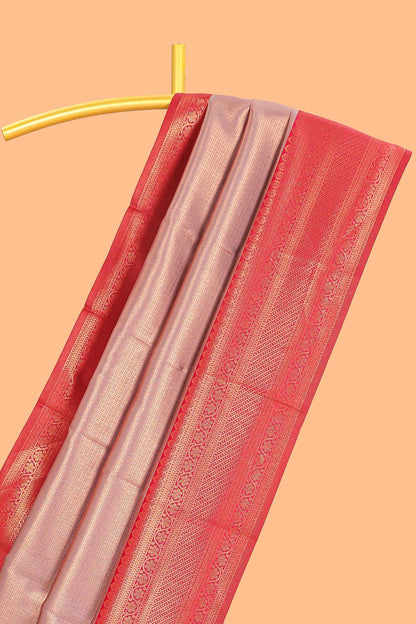 Peach small zari checked design litchi silk saree with contrast zari border and blouse