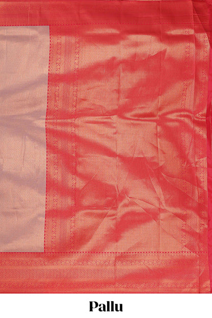 Peach small zari checked design litchi silk saree with contrast zari border and blouse