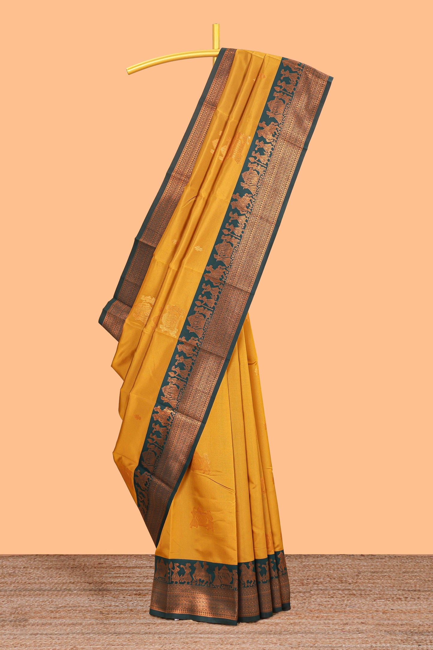 Mustard pallakku design zari buttas litchi silk saree with contrast zari border and blouse