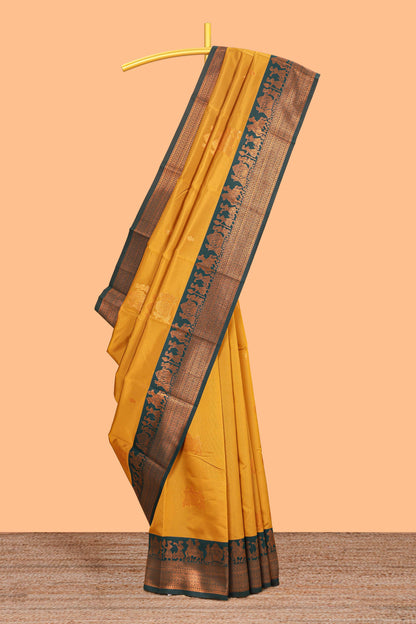 Mustard pallakku design zari buttas litchi silk saree with contrast zari border and blouse