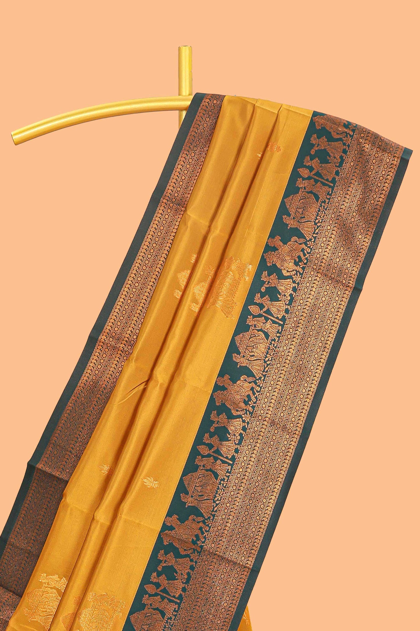 Mustard pallakku design zari buttas litchi silk saree with contrast zari border and blouse