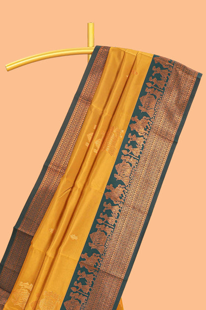 Mustard pallakku design zari buttas litchi silk saree with contrast zari border and blouse