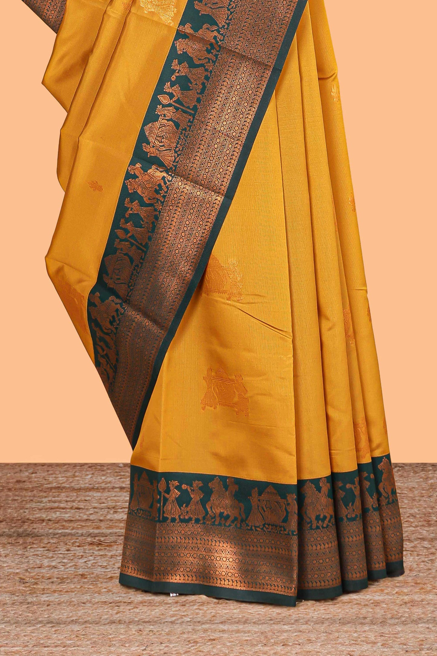 Mustard pallakku design zari buttas litchi silk saree with contrast zari border and blouse
