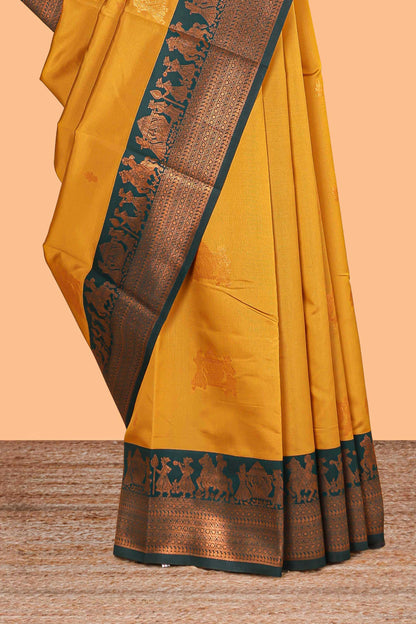 Mustard pallakku design zari buttas litchi silk saree with contrast zari border and blouse