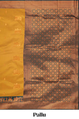 Mustard pallakku design zari buttas litchi silk saree with contrast zari border and blouse