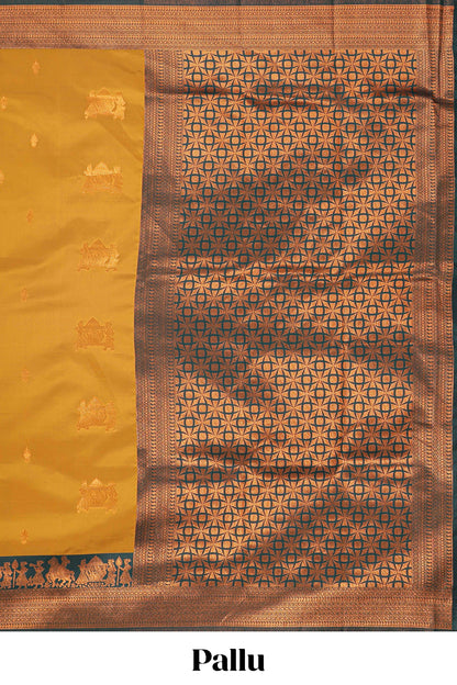 Mustard pallakku design zari buttas litchi silk saree with contrast zari border and blouse